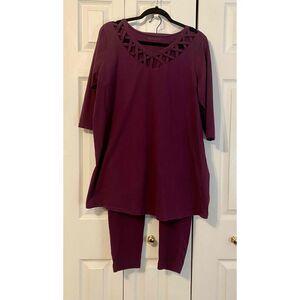 Roaman's Purple 3/4Sleeve tunic top Lattice Neckline & Pants Outfit 18/20